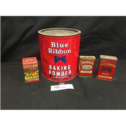 Vintage Kitchen Lot Blue Ribbon Baking Powder, Blue Ribbon Sobroso Spice Tin,Empress Tin Cayenne and
