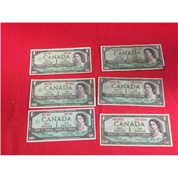 6 Bank of Canada Canadian $1 Banknotes 3 From 1954 and 3 Centennial Notes from 1967