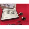 Image 3 : A Set of Gold Plated Cufflinks with Black Stones and Another Pair of Cufflinks with the Tie Clip