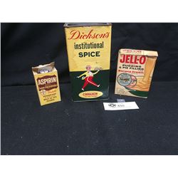 Kitchen Tin Lot. Spice and Asprin Box Plus a Jell-O with 1 of the Collectible Plane Chips Inside