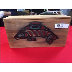 A Native Salmon Picture on a Wooden Box. New. 16" w x 8" h x 4.5" Thick