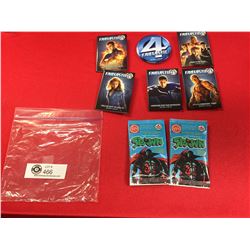 Lot of 5 Fantastic Four Buttons + 2 Unopened Spawn Packages with Posgs Milk Cups Inside.
