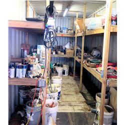 Contents of Shelves and Buckets: Extension Cords, Spray Paint, Fan Belts, Rim Caps, Case Oil, etc