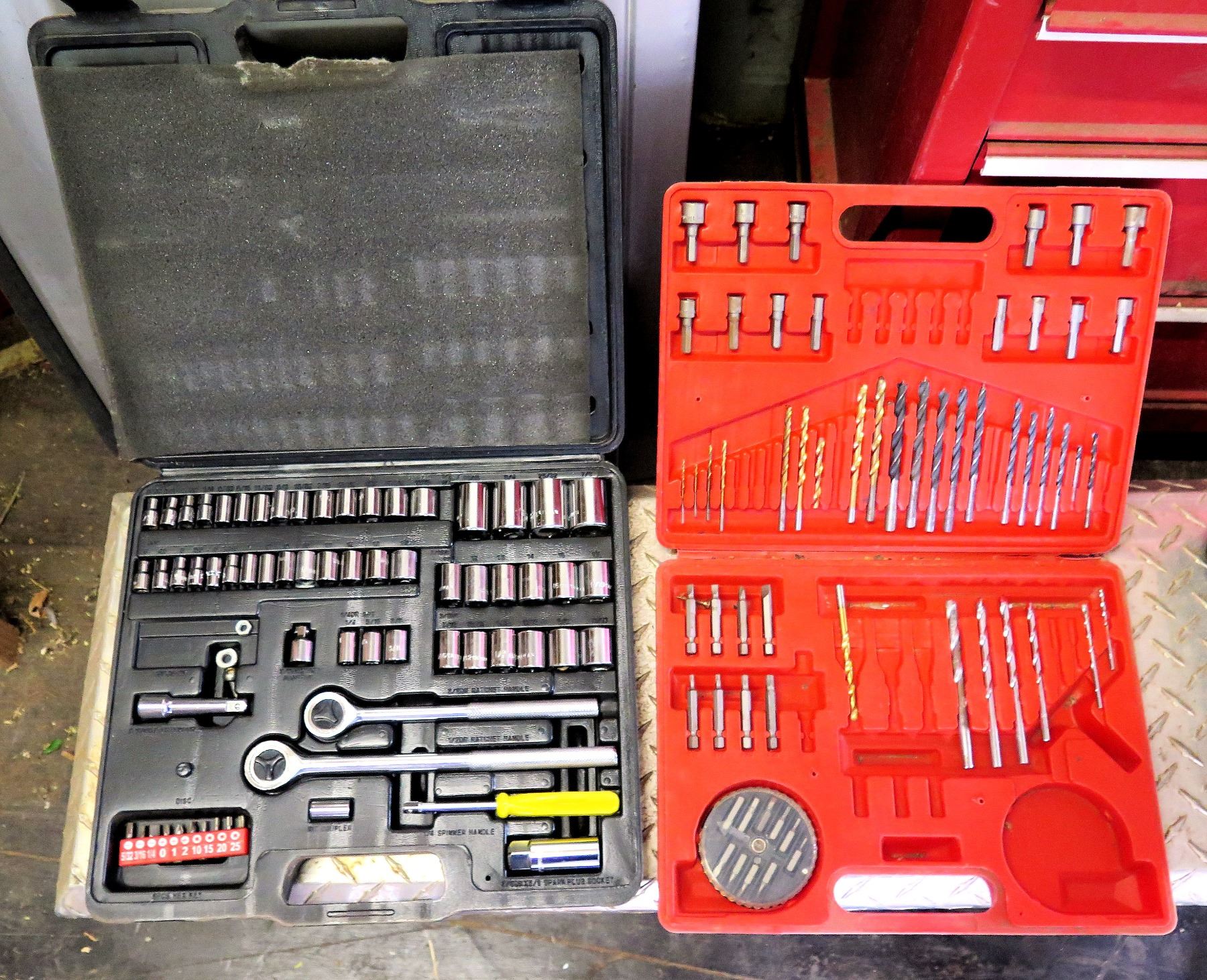 Qty 2 Hard Case Tool Sets - WorkForce Drill Bit Set & Rachet w/ Sockets Set