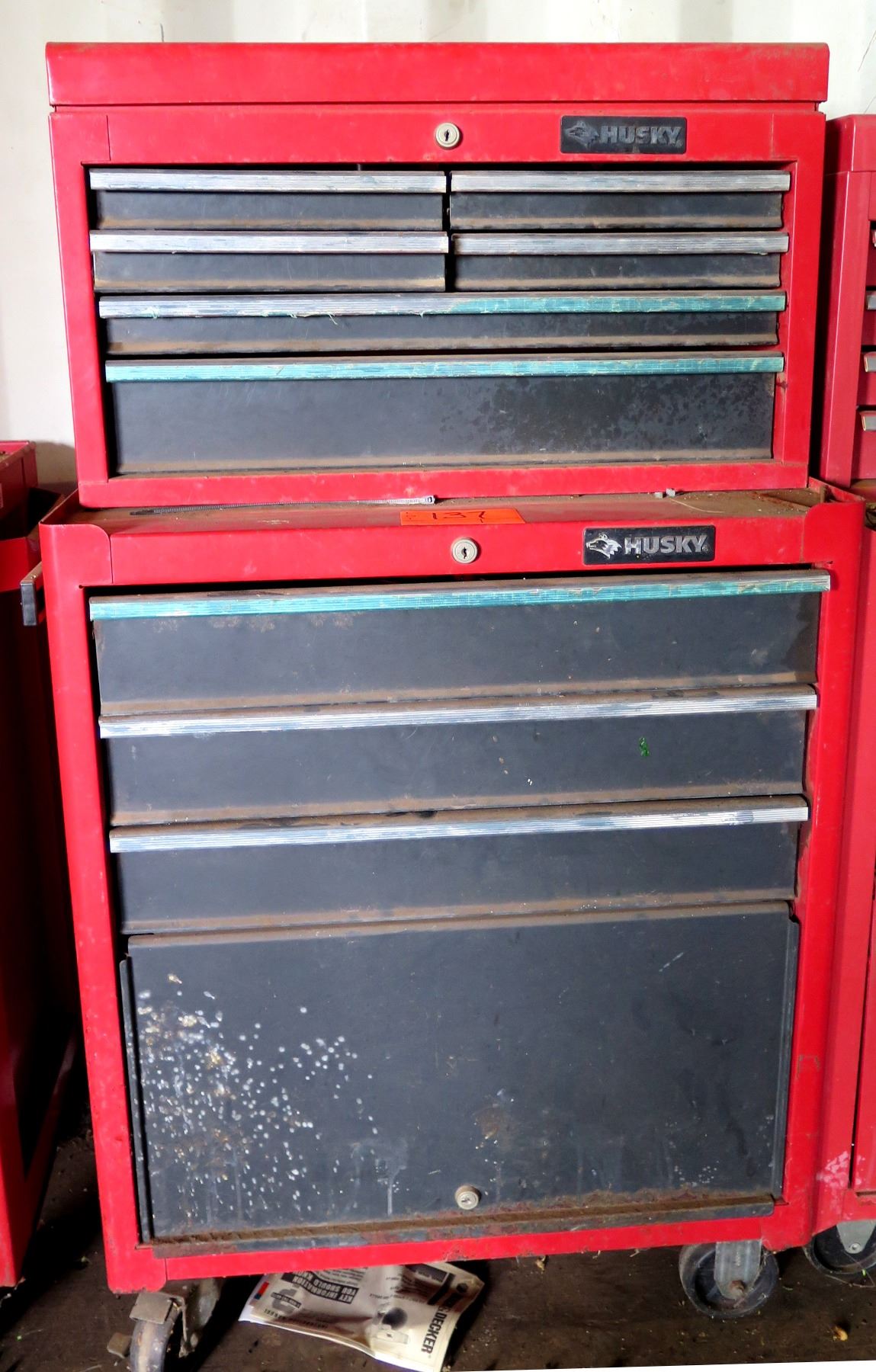 2 Piece Husky Red Metal Tool Boxes w/ Misc Tools in Drawers