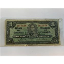 Vintage Bank of Canada 1937 $1.00 Bill with Gordon & Towers Signature