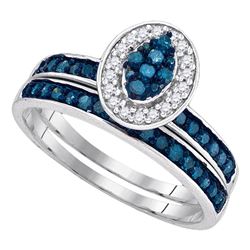 Blue Color Enhanced Diamond Cluster Bridal Wedding Engagement Ring Band Set 1/2 Cttw 10kt White Gold