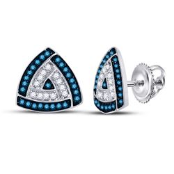 Round Blue Color Enhanced Diamond Triangle Frame Cluster Earrings 1/3 Cttw 10kt White Gold