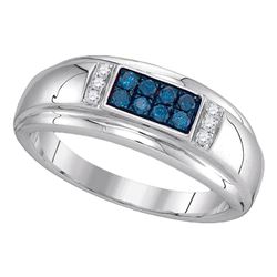 Mens Round Blue Color Enhanced Diamond Band Ring 1/3 Cttw 10kt White Gold