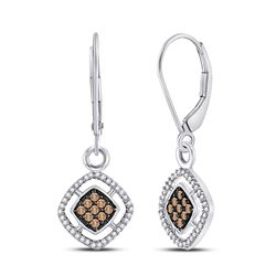 Round Brown Diamond Diagonal Square Dangle Earrings 1/3 Cttw 10kt White Gold