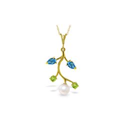 Genuine 2.7 ctw Blue Topaz, Peridot & Pearl Necklace 14KT Yellow Gold - REF-29T7A