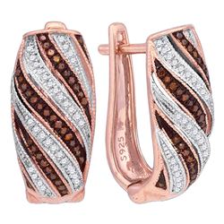 Round Red Color Enhanced Diamond Diagonal Stripe Hoop Earrings 1/3 Cttw 10kt Rose Gold