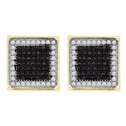 Mens Round Black Color Enhanced Diamond Square Frame Cluster Earrings 7/8 Cttw 10kt Yellow Gold