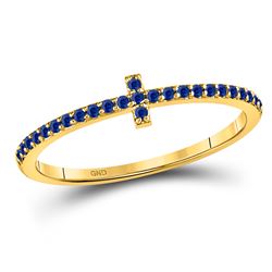 Round Blue Sapphire Cross Stackable Band Ring 1/6 Cttw 10kt Yellow Gold