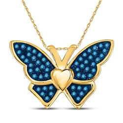 Round Blue Color Enhanced Diamond Butterfly Bug Pendant 1/6 Cttw 10kt Yellow Gold