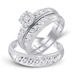 His & Hers Diamond Cluster Matching Bridal Wedding Ring Band Set 1/3 Cttw 10kt White Gold