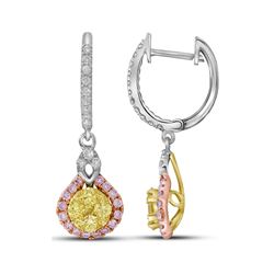 Round Canary Yellow Pink Diamond Dangle Earrings 1.00 Cttw 14kt White Gold