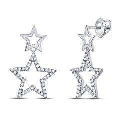 Diamond Double Star Dangle Screwback Earrings 1/4 Cttw 10kt White Gold