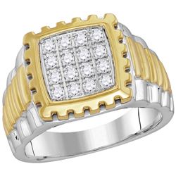Mens Diamond Notched Frame Square Cluster Ring 1/2 Cttw 10kt Two-tone Gold