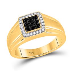 Mens Round Black Color Enhanced Diamond Square Cluster Ring 3/8 Cttw 10kt Yellow Gold