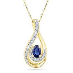 Oval Lab-Created Blue Sapphire Solitaire Diamond Pendant .02 Cttw 10kt Yellow Gold