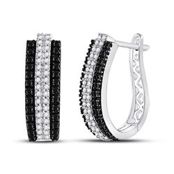 Round Black Color Enhanced Diamond Triple Row Vertical Stripe Hoop Earrings 1.00 Cttw 14kt White Gol