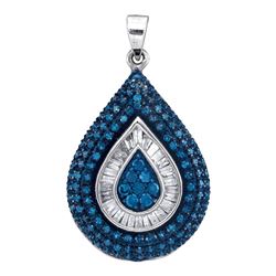 Round Blue Color Enhanced Diamond Teardrop Frame Pendant 1.00 Cttw 10kt White Gold