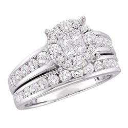Diamond Cluster Bridal Wedding Engagement Ring Band Set 1-3/8 Cttw 14kt White Gold