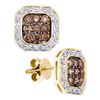 Image 1 : Round Brown Diamond Square Cluster Screwback Earrings 3/4 Cttw 14kt Yellow Gold