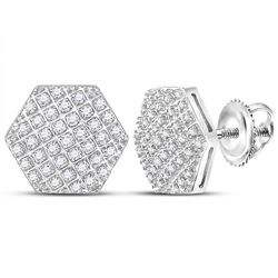 Mens Diamond Hexagon Cluster Stud Earrings 1/5 Cttw 10kt White Gold