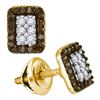 Image 1 : Round Brown Diamond Rectangle Cluster Earrings 1/3 Cttw 10kt Yellow Gold