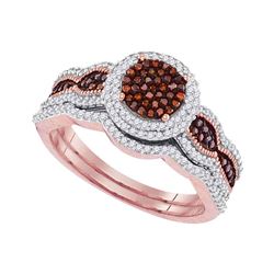 Round Red Color Enhanced Diamond Bridal Wedding Engagement Ring Band Set 1/2 Cttw 10kt Rose Gold