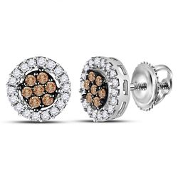 Brown Diamond Flower Cluster Screwback Stud Earrings 1/4 Cttw 10k White Gold