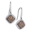 Image 1 : Round Brown Diamond Square Cluster Dangle Earrings 5/8 Cttw 10kt White Gold