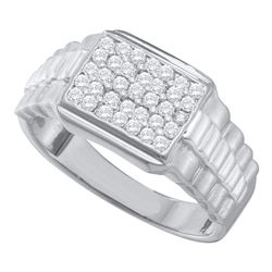 Mens Diamond Rectangle Cluster Ribbed Ring 1/2 Cttw 10kt White Gold