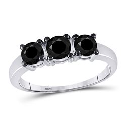 Round Black Color Enhanced Diamond 3-stone Bridal Wedding Engagement Ring 1.00 Cttw 10kt White Gold