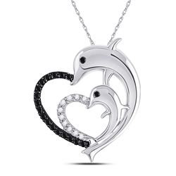 Round Black Color Enhanced Diamond Dolphin Heart Pendant 1/8 Cttw 10kt White Gold