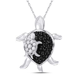 Round Black Color Enhanced Diamond Turtle Animal Pendant 1/8 Cttw 10kt White Gold