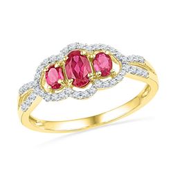 Oval Lab-Created Ruby 3-stone Diamond Frame Ring 7/8 Cttw 10kt Yellow Gold