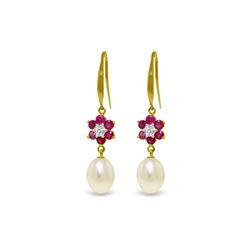 Genuine 9.01 ctw Ruby, Pearl & Diamond Earrings 14KT Yellow Gold - REF-46F7Z