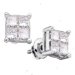 Diamond Square Cluster Stud Earrings 1/4 Cttw 14kt White Gold