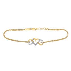 Diamond Triple Heart Chain Bracelet 1/10 Cttw 10kt Yellow Gold