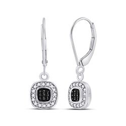 Round Black Color Enhanced Diamond Square Cluster Dangle Earrings 1/4 Cttw 14kt White Gold