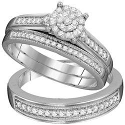 His & Hers Diamond Cluster Matching Bridal Wedding Ring Band Set 3/8 Cttw 10kt White Gold