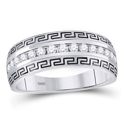 Mens Diamond Greek Key Single Row Wedding Band Ring 1/2 Cttw 14kt White Gold