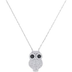 Round Black Color Enhanced Diamond Owl Bird Pendant Necklace 3/8 Cttw 10kt White Gold