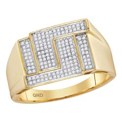 Mens Round Pave-set Diamond Angle Rectangle Cluster Ring 1/4 Cttw 10kt Yellow Gold