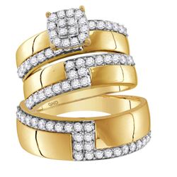 His & Hers Diamond Cluster Matching Bridal Wedding Ring Band Set 1-1/2 Cttw 14kt Yellow Gold