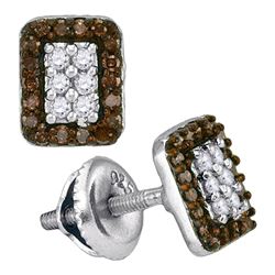 Round Brown Diamond Rectangle Cluster Earrings 1/3 Cttw 10kt White Gold