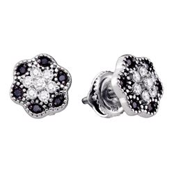 Black Color Enhanced Diamond Flower Cluster Stud Earrings 1/3 Cttw 10k White Gold